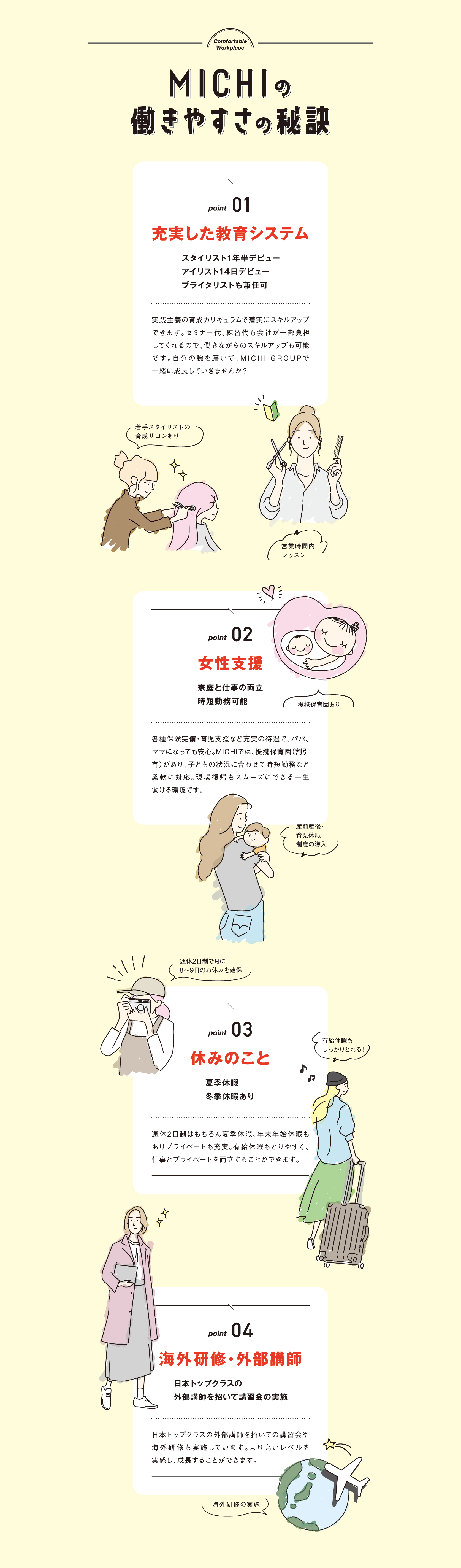 Comfortable Workplace,MICHIの働きやすさの秘訣,point 01,充実した教育システム,スタイリスト1年半デビュー アイリスト14日デビュー ブライダリストも兼任可,実践主義の育成カリキュラムで着実にスキルアップ できます。 セミナー代、 練習代も会社が一部負担 してくれるので、働きながらのスキルアップも可能 です。 自分の腕を磨いて、 MICHI GROUPで 一緒に成長していきませんか?,若手スタイリストの
育成サロンあり,営業時間内レッスン,point 02,女性支援,家庭と仕事の両立 時短勤務可能,提携保育園あり,各種保険完備 ・ 育児支援など充実の待遇で、 パパ、 ママになっても安心。 MICHIでは、 提携保育園 (割引 有)があり、子どもの状況に合わせて時短勤務など 柔軟に対応。現場復帰もスムーズにできる一生 働ける環境です。,週休2日制で月に8~9日のお休みを確保,産前産後・育児休暇制度の導入,point 03,休みのこと,夏季休暇 冬季休暇あり,週休2日制はもちろん夏季休暇、年末年始休暇も ありプライベートも充実。 有給休暇もとりやすく、 仕事とプライベートを両立することができます。,有給休暇もしっかりとれる!,point 04,海外研修・外部講師,日本トップクラスの外部講師を招いて講習会の実施,日本トップクラスの外部講師を招いての講習会や海外研修も実施しています。 より高いレベルを実感し、成長することができます。,海外研修の実施